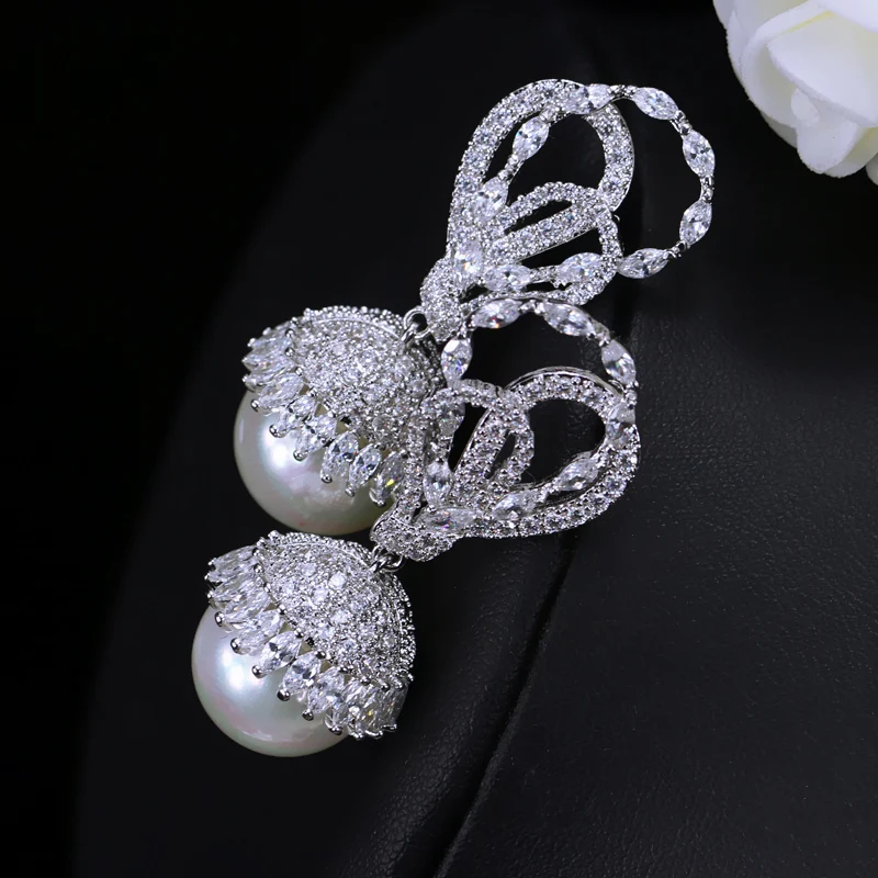 CWWZircons Elegant Shape Silver Color CZ Stone Paved Dangling Round Big Pearl Drop Earring for Women Jewelry Gift  CZ360