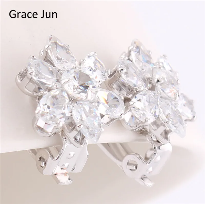 Grace Jun(TM) New Fashion AAA Cubic Zirconia Waterdrop Clip on Earrings Without Piercing for Women Party Charm No Hole Ear Clip