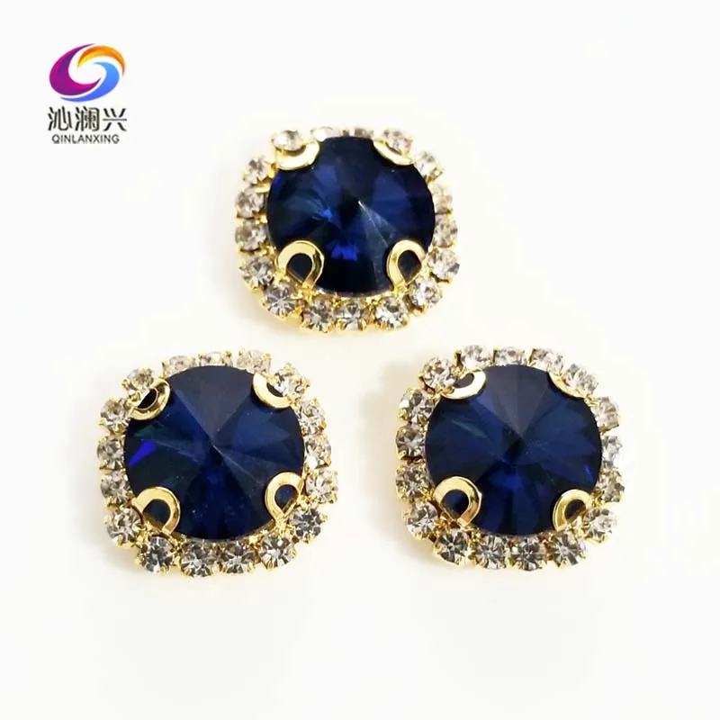 

Ink blue Round shape top glass crystal rhinestones with hole,golden bottom sew on stone for Diy Clothing accessories