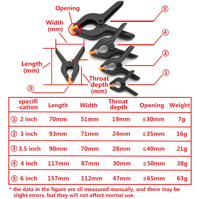 5pcs/set 2-6 inch Spring Clamps DIY Woodworking Tools Plastic Nylon Clamps For Woodworking Spring Clip Hand Tool Sets