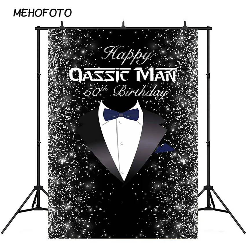 

Happy 50th Birthday Men Bow Tie Tuxedo Party Backdrop Photography Grandfather Father Gentleman Fifty Black Banner Background