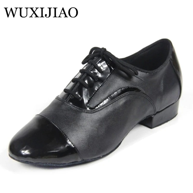 WUXIJIAO Black Genuine leather Modern Latin dance shoes soft outsole Men\'s Ballroom dancing shoes Party Square dance shoes