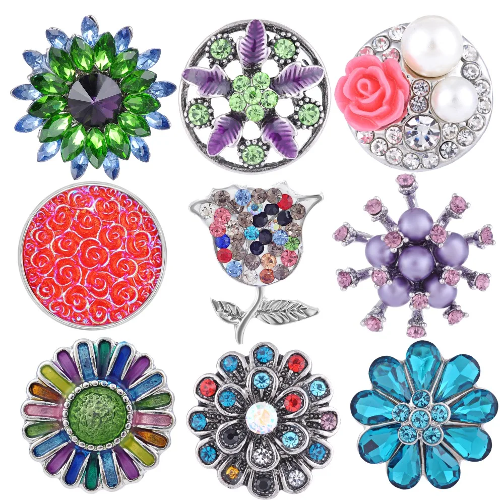 20pcs Wholesale Snap Jewelry 18mm Snap Buttons Mixed Rhinestone Metal Flower Snaps Buttons for Snap Bracelet Bangle VN-1982