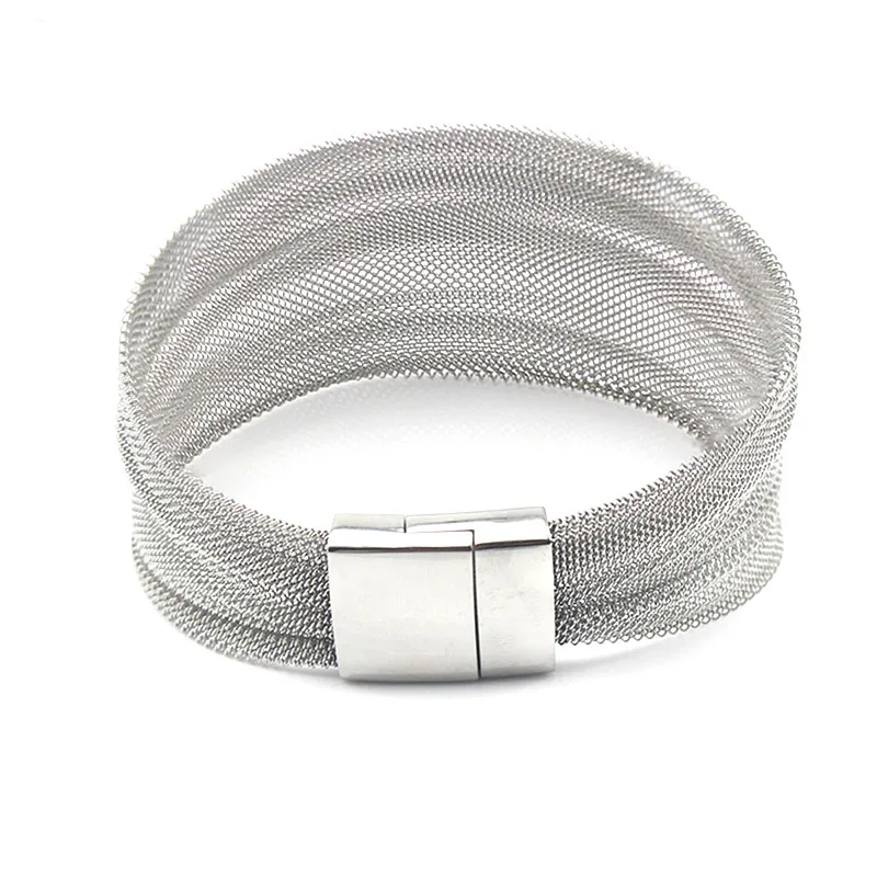 Magnetic Clasp Stainless Steel Wide Mesh Bracelets For Women Jewelry Silver Color 1 Piece