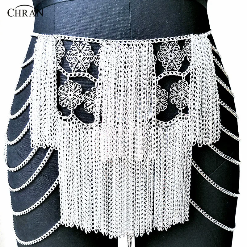 Chran Flower Chain Mini Skirt Disco Party Dress Beach Chainmail Cover Up Ibiza Harness Necklace EDM Festival Jewelry CRS224