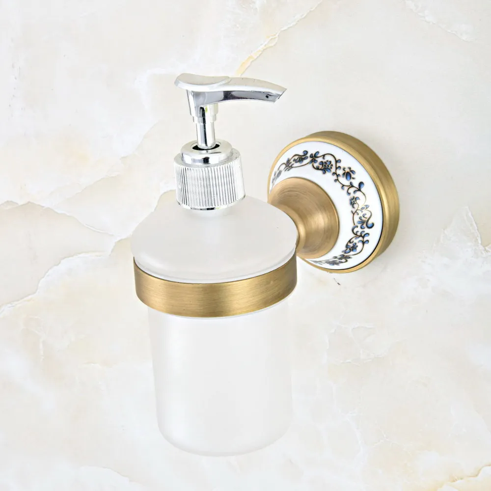 Antique Brass Bathroom and Kitchen Glass bottle liquid Soap Dispenser Wall Mounted Soap dispensers Holder rack mba814