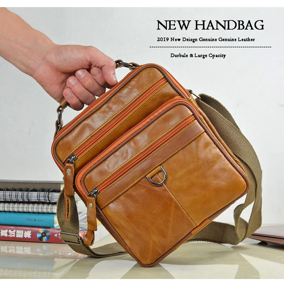 Bolso de hombro informal de cuero genuino para hombre, bolsos de mensajero de cuero con cera de aceite, maletines pequeños para hombre, bolso de día