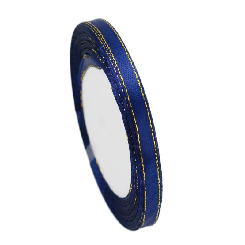 (25 yards/roll) deep blue gold Edge Satin Ribbon Wholesale Gift Christmas ribbons (6/10/25/40mm)