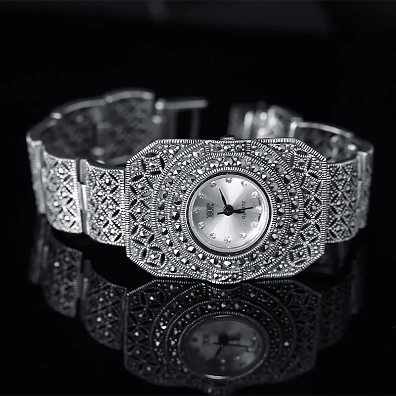 New Limited Edition Classic Elegant S925 Silver Pure Thai Silver Bracelet Watches Thailand Process Rhinestone Bangle Dropship