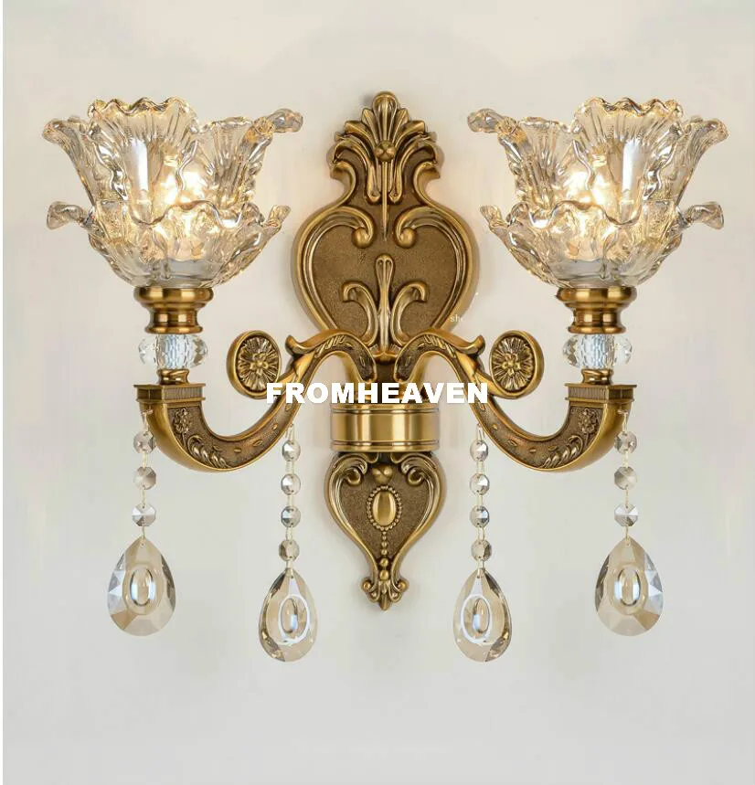 European Bronze Color Luxury Zinc Alloy Crystal Wall Sconces Bedroom Bedside Lamps Aisle Wall Lamp Home Decoration