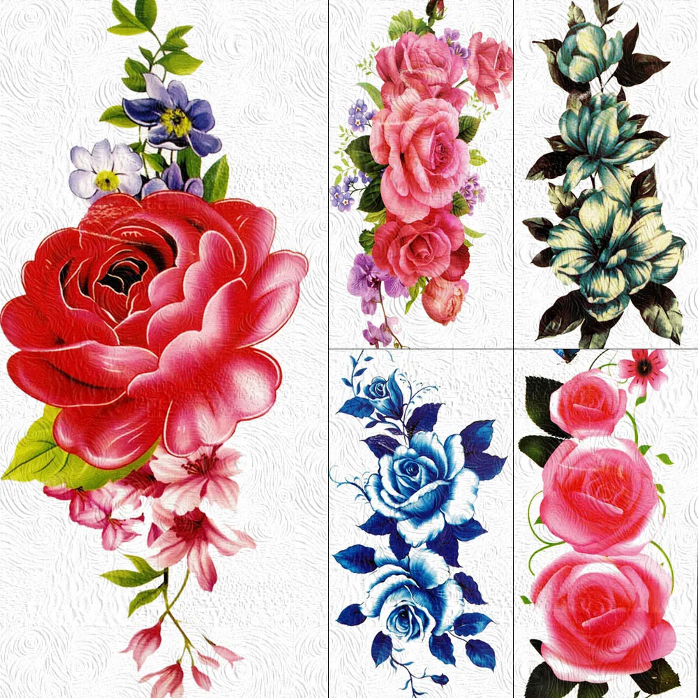 

3D DIY Large Red Rose Temporary Tattoos Stickers Chains Jewelry For Women Girls Body Art Daisy Flower Waterproof Fake Tattoo