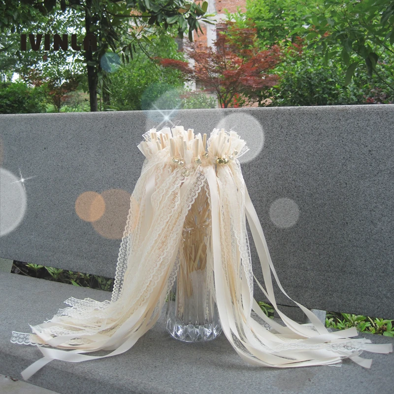 50pcs/lot Cream Lace  wedding ribbon stick wands with gold bell for wedding decoration