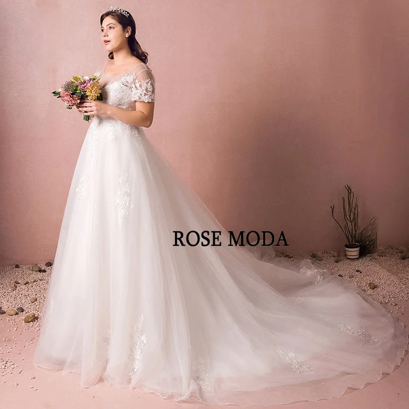 Rose Moda Plus Size Wedding Dresses with Short Sleeves Long Train Real Photos