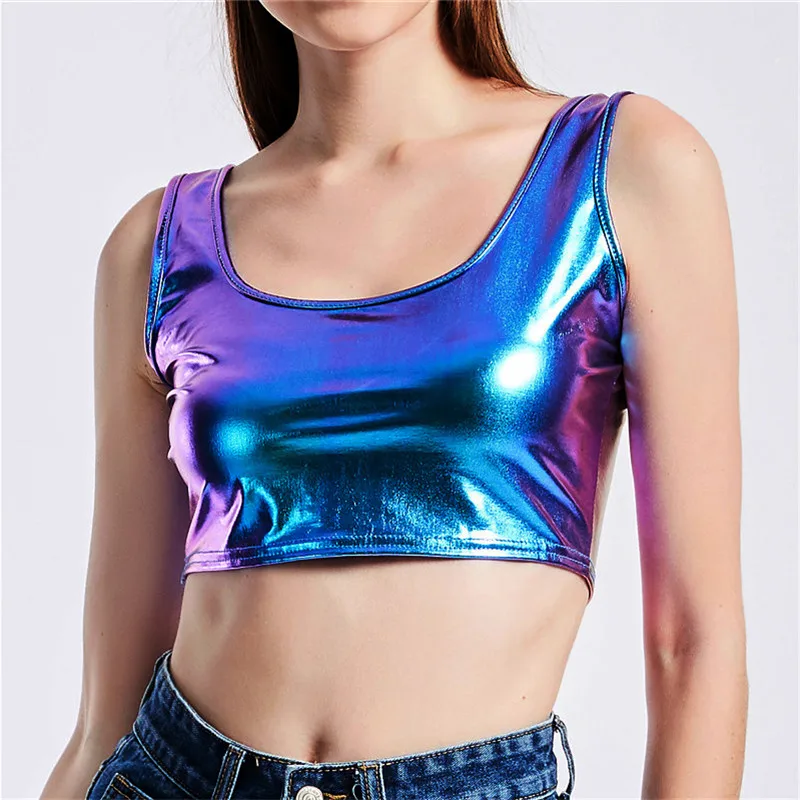 

Fashion Sleeveless Tank Top Sexy Solid Laser Holographic Crop Tops Party Night Club Rave Stage Performance Women Summer Vest Top