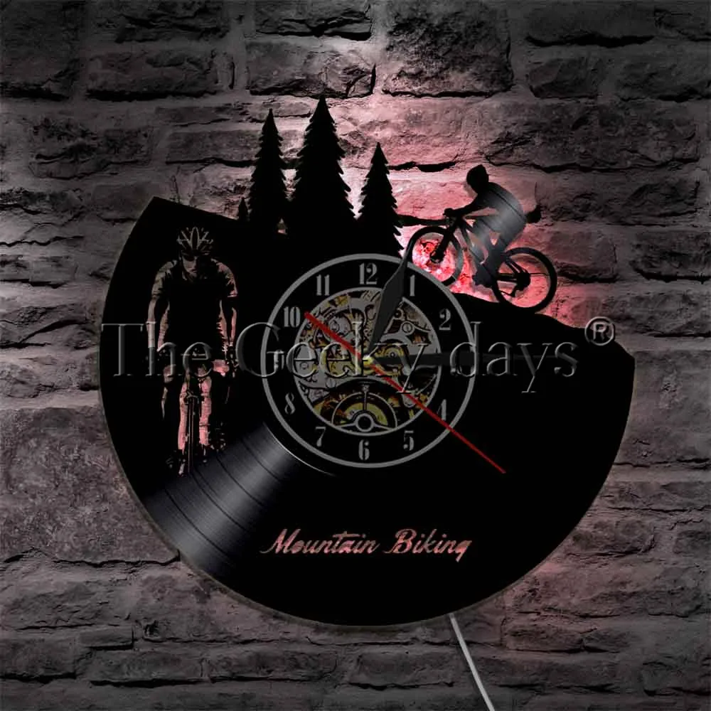 Mountain Biking Sport Vinyl Record Wall Clock With LED illumination Cycling Racing Bike Rider Silhouette Wall Light