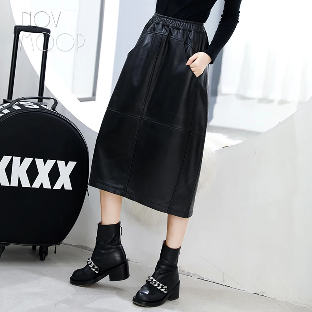 2018 winter autumn black genuine leather lambskin ruched elastic A-Line lantern skirt big pockets faldas mujer etek jupe LT2584