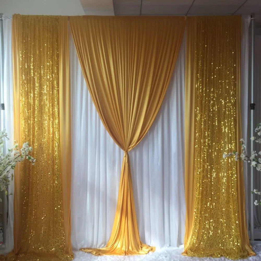 

free shipping 3m H x3mW white curtain with gold ice silk sequin drape backdrop wedding party decoration