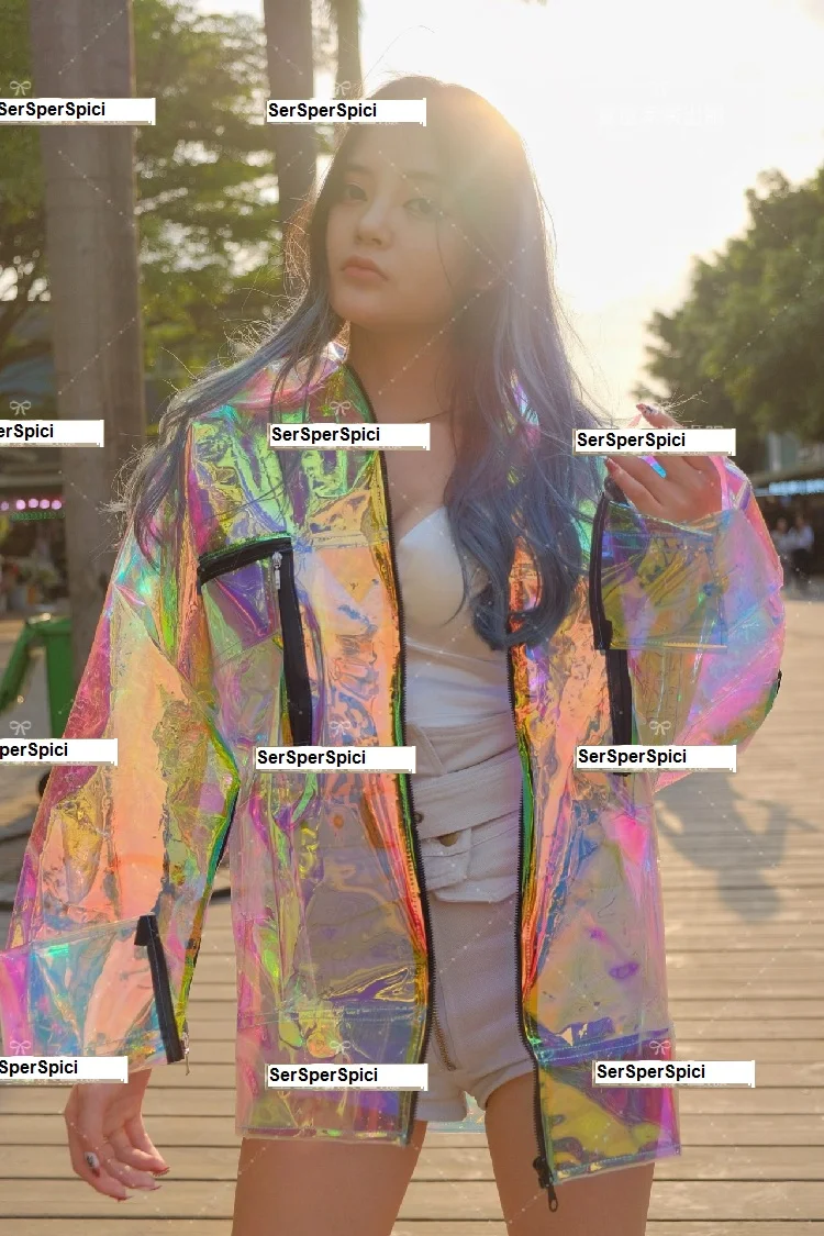 Hologram Glitter Trendy Women Loosen Jacket Bling Laser Reflective Coats Punk Dance Hip Hop Jacket Ads Model Holographic Costume