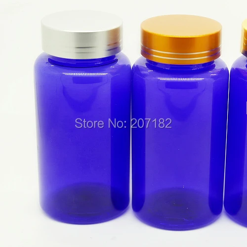 (100 Uds./lote) botella PET de Color azul de 150M/150CC, botella de polvo, botella de medicina, botella de plástico con tapa de Metal dorado/plateado