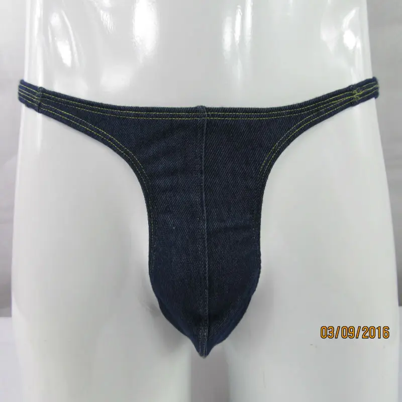 Mens String Thong Narrow front Pouch Indigo Stretchy Denim Knit Spandex G376D