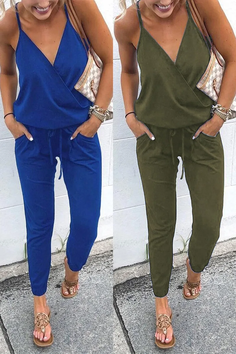 Solid Fashion Summer Women Jumpsuit Romper Sexy V Neck Backless Lace-up Beach Bodycon strap femme Jumpsuit Overalls long pants