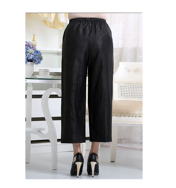 New arrival pure wateredgauze silk lady full elastic waist pants,100% Gambiered Canton embroidery pockets 8 cropped pants women