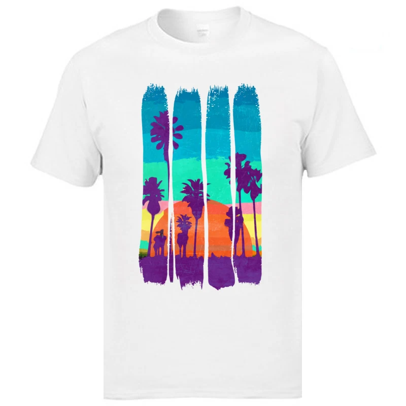 Holiday Tshirts Scenery Vintage Brush Strokes Miami Beach Summer Sunset Printed T-Shirts Popular Cotton T Shirts Nice Tees