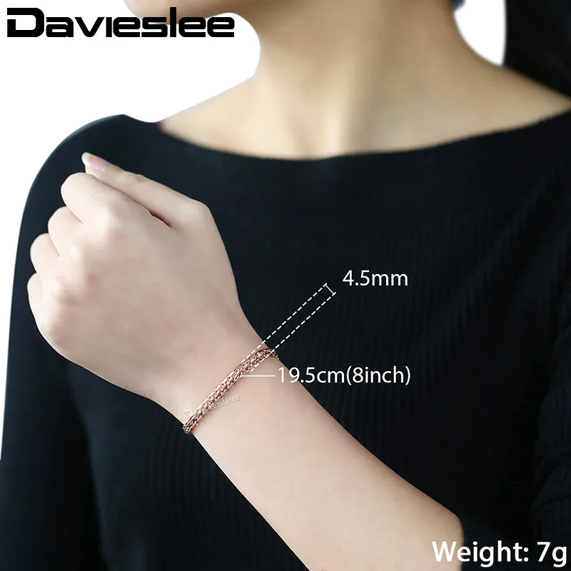 Davieslee 5mm Women\'s Necklace Bracelet Jewelry Set Braided Weaving Bismark Link 585 Rose Gold Color LGS275