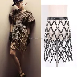 Sexy Cool Street Caged Weave Round Plaid Shaping Shaper Leather Women Skirt Harness Skirts Chain Dress Belt