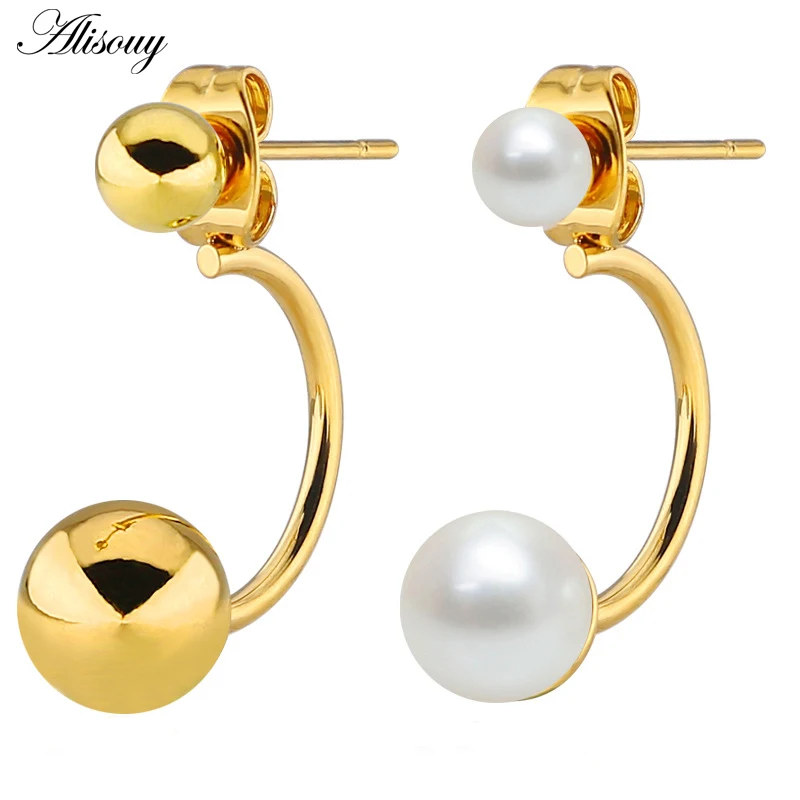 Alisouy 2pcs Fashion Women Double Pearl Balls Earring Studs Gold Color Stainless Steel Round Hook Stud Earrings Jewelry