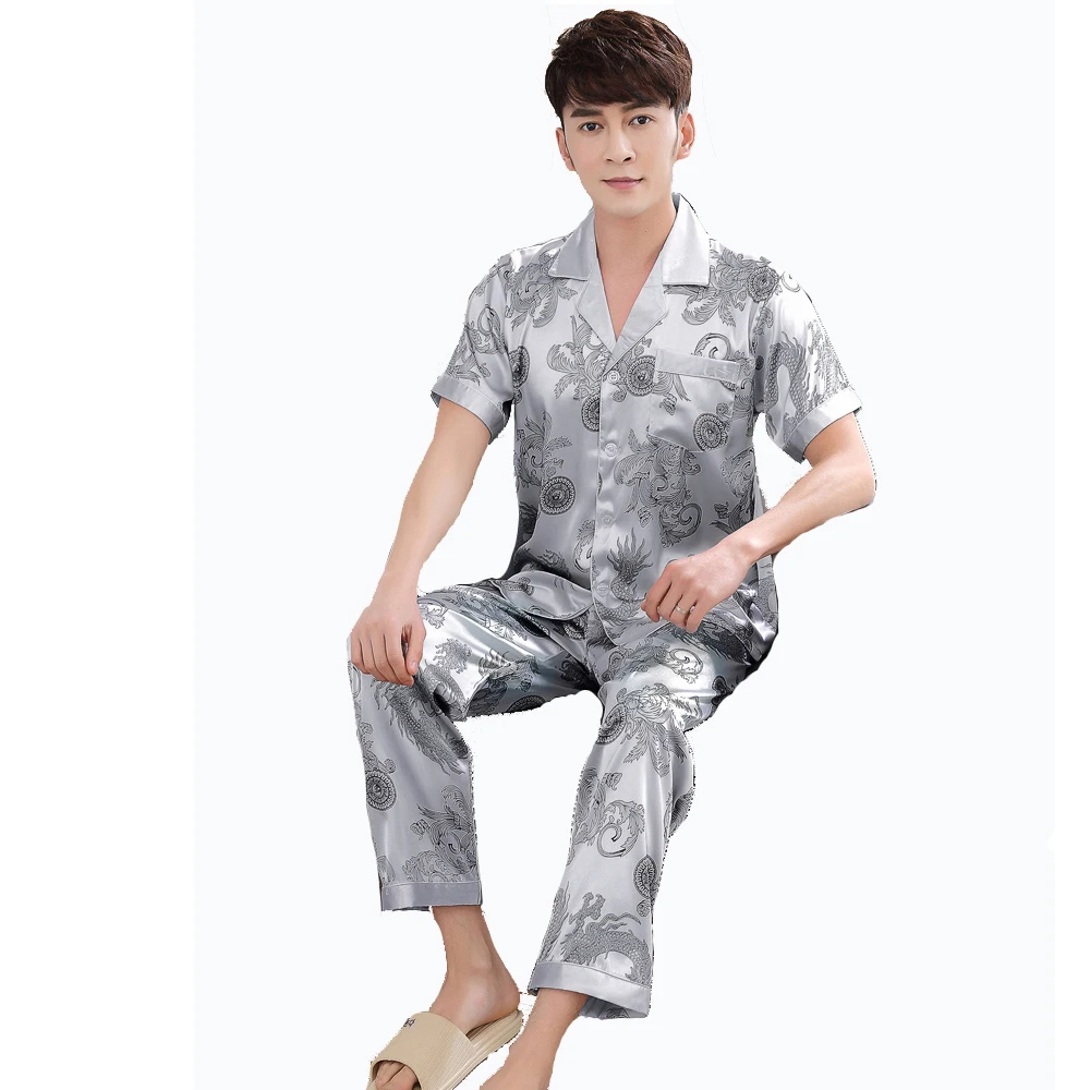 

Vintage Gray Chinese Men Satin Pajama Set Novelty Clothes Pyjamas Suit Short Sleeve Shirt &Pants Trousers Sleepwear Nightwear