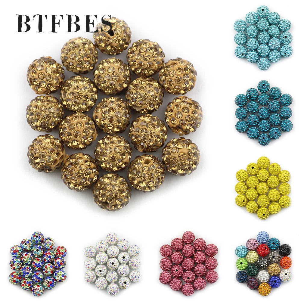 BTFBES 10mm 20pcs Micro Pave Beads Pave Crystal Disco Ball Round Clay Loose beads Bracelet Necklace Jewelry Making DIY Accessory