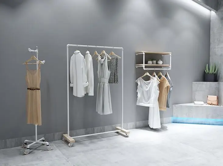 

Clothing store display rack. Clothes rack women's shop floor-to-floor hangers. Solid wood Textile Gondola simple white gantry.