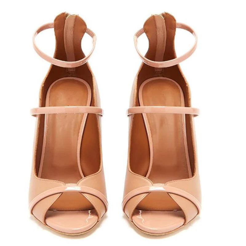 Waving Shape Three Strappy Nude Woman Pumps Elegant Thin Heels Celebrity Popular Shallow Pumps Zipper Woman Wedding Dress Shoes