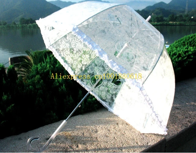 50pcs/lot Free Shipping Transparent White Lace Umbrella Parasol Long-handled Cute Princess Fishing Women Umbrella Rain