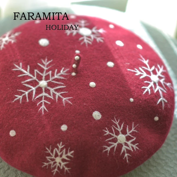 Faramita Holiday Christmas Snowflake Gifts Women Girls Manual Hats Winter High Quality Originality Berets Warm Caps Snow Red Hat