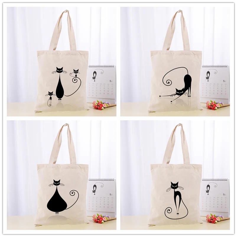 

Hot Little Couple Black art cat Printed Canvas Tote Bag 30X35cm Convenient Shopping Women Handbag Custom Logo