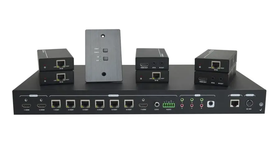 4k hdbaset divisor kit inclui um divisor com 2 entradas hdmi e 6 hdbaset mais 1 saídas hdmi, 6 receptores e 1 controle keypa