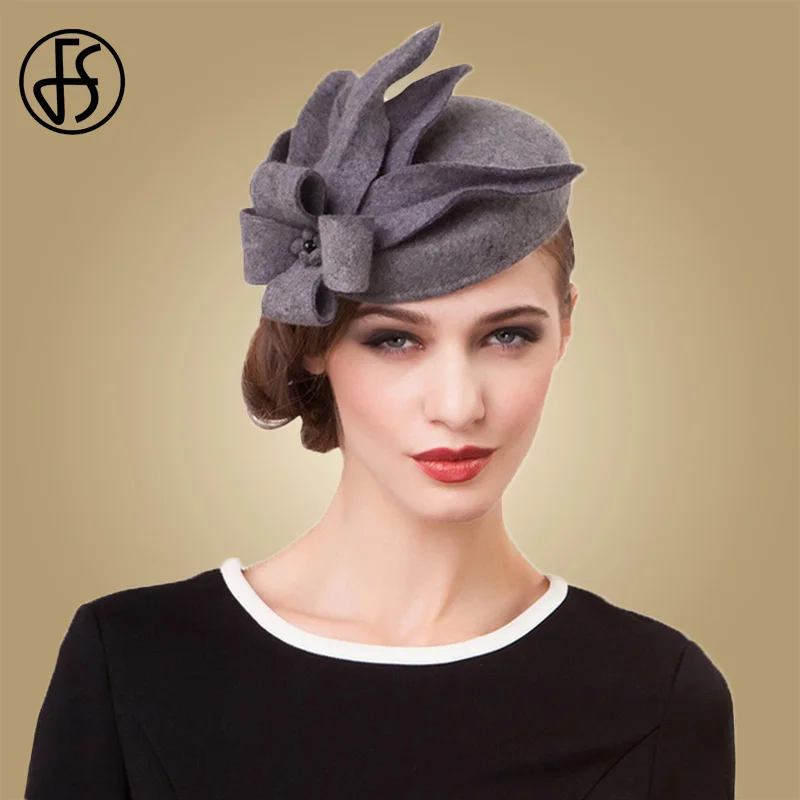 FS Fascinators For Women Elegant Flower Black Pillbox Hat Wool Felt Hats Vintage Wedding Dress Fedoras Church Ladies Formal Caps