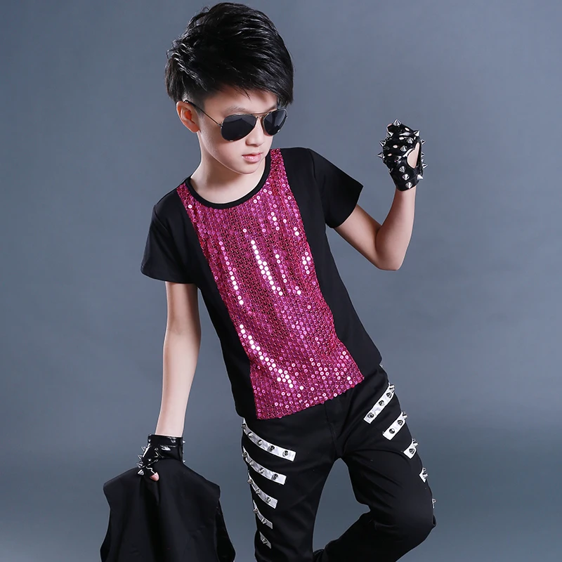 Children\'s Jazz Dance Costume Boy Short Sleeve Sequin Top Shirt  Hip Hop Clothes Kids Modern Performance Dancing Outfit DNV11051