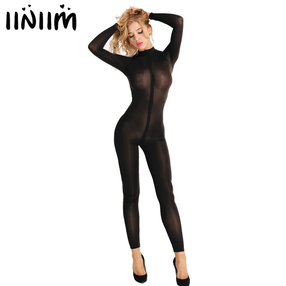 Womens Sexy Lingerie Bodystocking Long Sleeves Smooth Fiber Double Zipper Sheer Smooth See Through Open Crotch Bodysuit Jumpsuit