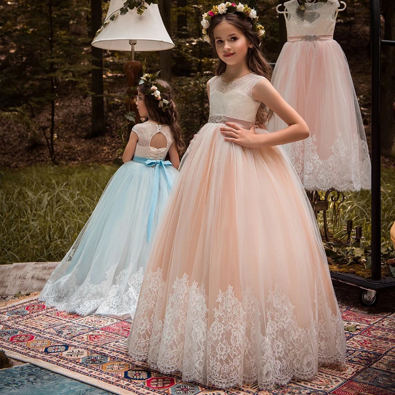 First Communion Dress for Girls Cutout Back Crystals Sash Lace Appliqued Flower Girl Dress Prom Dress Customized Vestidos Longo