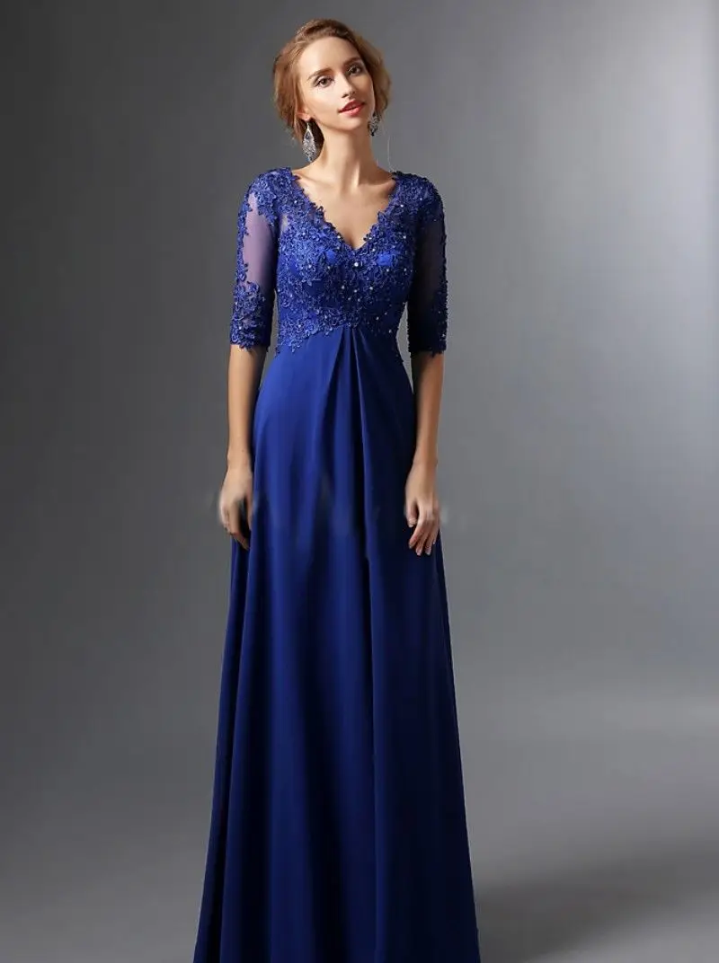 Vestidos de mãe da noiva, plus size, azul royal, 2018, linha a, decote em v, meia manga, renda de chiffon, longo, elegante, vestidos de noivo, mãe