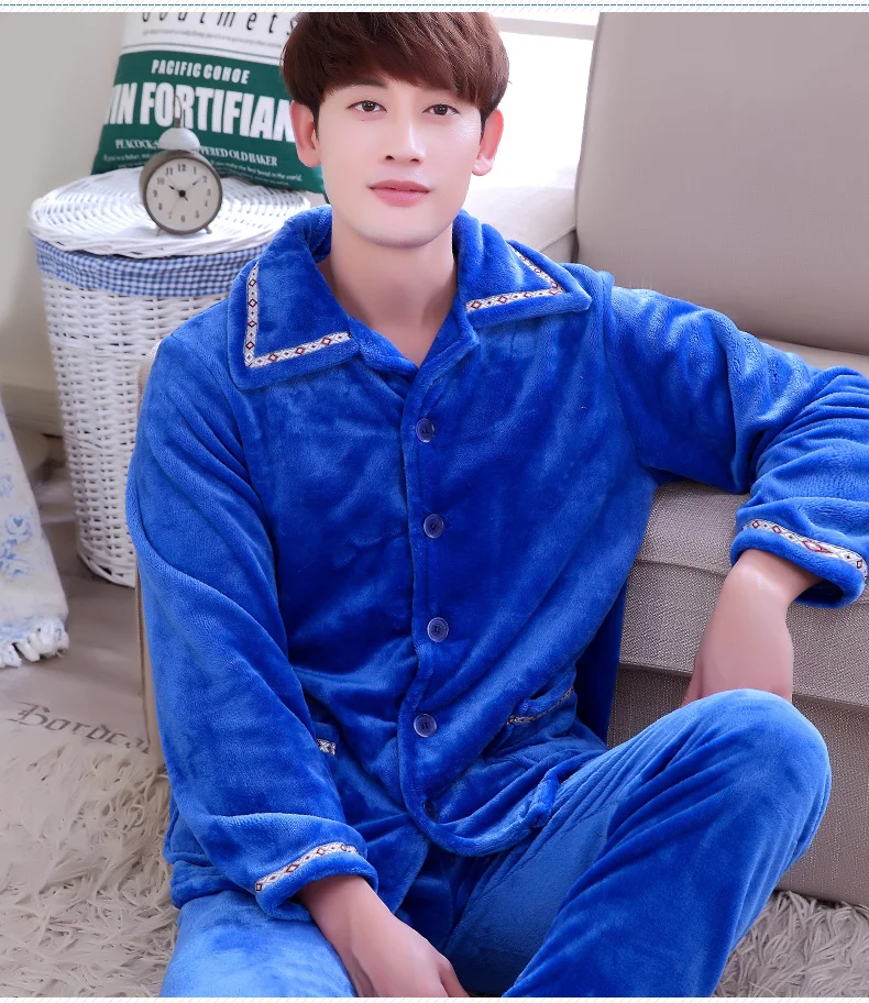 Adult Fleece Pajamas Long Sleeve Men\'s Thickened Flannel Homewear Coral Fleece Nightwear Male Velvet Casual Nightgown D2063