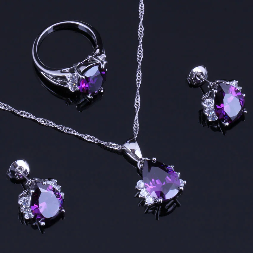 Fetching Purple Cubic Zirconia White CZ Silver Plated Jewelry Sets Earrings Pendant Chain Ring V0326