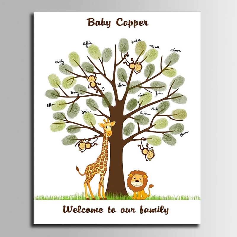 Baby Shower Fingerprint Tree Giraffe Lion Canvas Painting Guest Book Cartoon Communion Souvenir Wall Poster For Party Decor