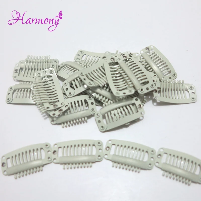 Clips d'extension de cheveux humains à 9 dents 32mm, 100 pièces/lot, clips en métal avec dos en silicone pour extensions de cheveux humains, peigne de perruque