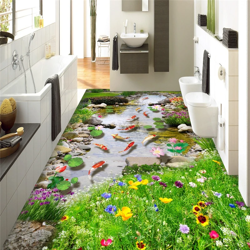 beibehang Carp lotus flowers Stone Park waterproof self-adhesive papel de parede 3d sticker painting European ultra bathroom