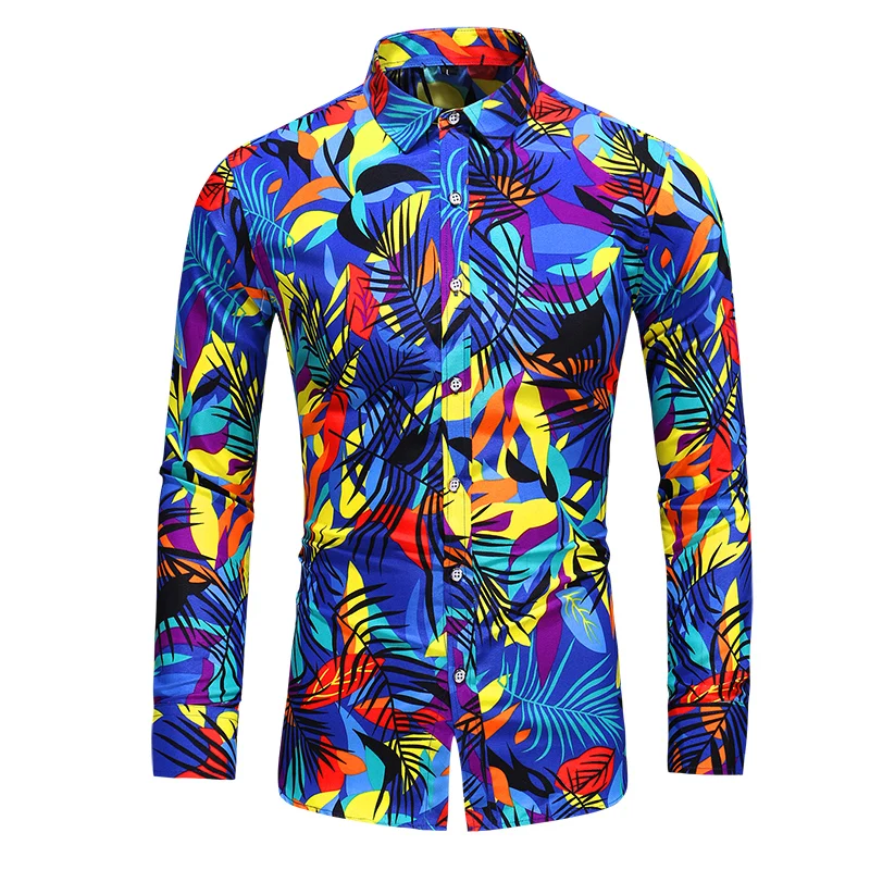 

Plus Size 6XL 7XL Long Sleeve Printed Shirts Mens Fashion Button Down Social Hawaiian Floral Casual Shirt Nightclub