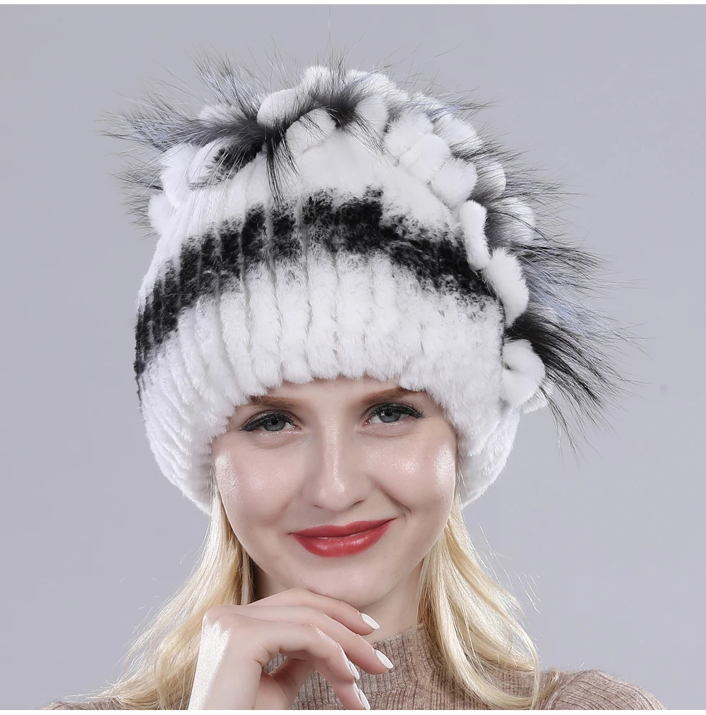Neue Russische Damen Echt Rex-Kaninchenfell Mützen Luxuriöse Gestrickte Blumen Echte Rex-Kaninchenfell Kappe Winter Echt-Fell Beanie Mütze – Detail 25